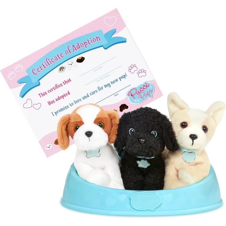 Pucci Pups ST8386Z 3 Kuscheltier Hunde Shih Tzu, Chihuahua und Pudel im Hundebett mit Zubehör – Plüschtier Welpen Set Adopt-a-Pup – Spielzeug für Kinder ab 2 Jahre, Bunt