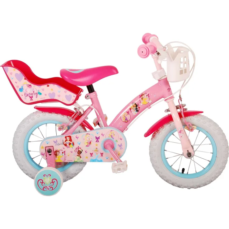 Disney Princess Kinderfahrrad Mädchen 12 Zoll Rosa mit Puppensitz und zwei Handbremsen