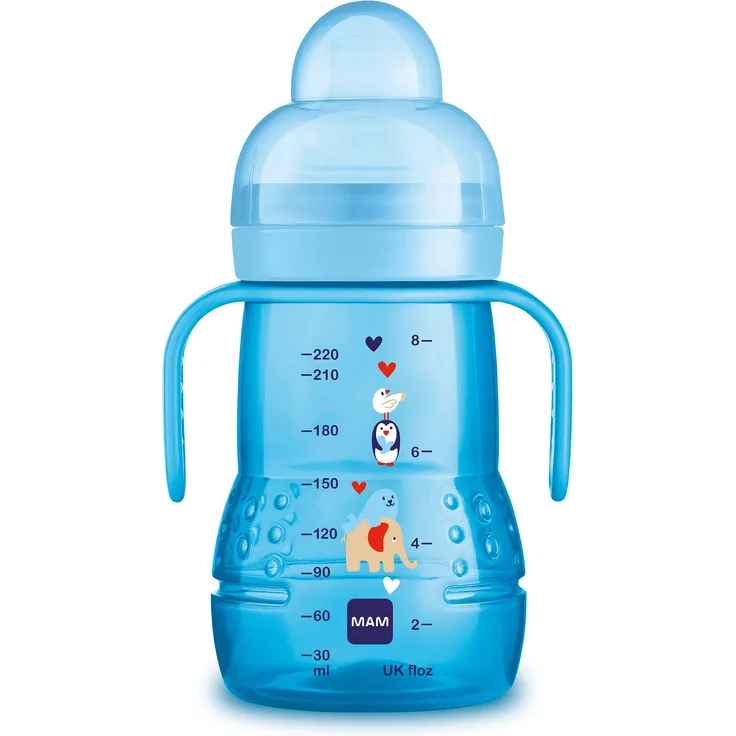 MAM Trainer+ (220 ml), Trinklernflasche für den Übergang zum Becher, Trinklernbecher mit tropffreiem Sauger, Trinkschnabel & Haltegriff, 4+ Monate, Elefant