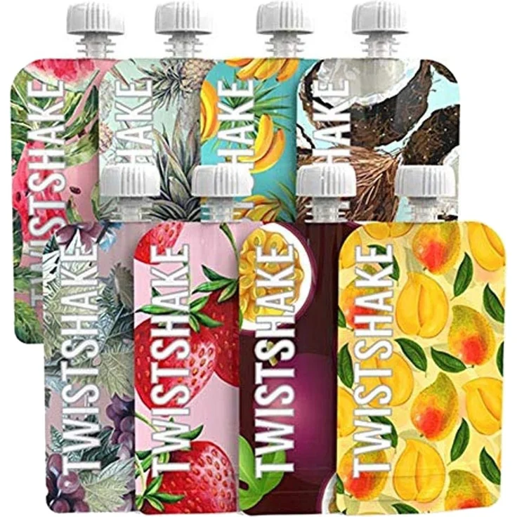 Twistshake Wiederverwendbarer 8er Pack Baby Lebensmittel Quetschbeutel, Nachfüllbar Doppelter Reißverschluss Fruchtquetsche für Babynahrung, Auslaufsicher, BPA Frei, 100ml, Frucht – Bild 1