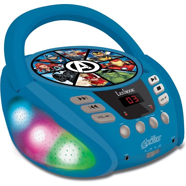 Lexibook RCD109AV Marvel Avengers-Bluetooth-CD-Player für Kinder-Tragbar, Lichteffekte, Mikrofonbuchse, Aux-In, Akku oder Netz, Mädchen, Jungen, Blau/Grau – Bild 1