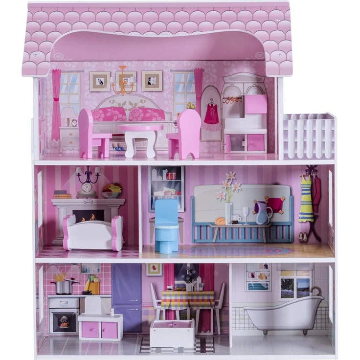 COSTWAY Puppenhaus Holz Puppenstube Puppenvilla Maedchen Spielzeug 3 Etagen mit Moebeln und Zubehoer – Bild 1