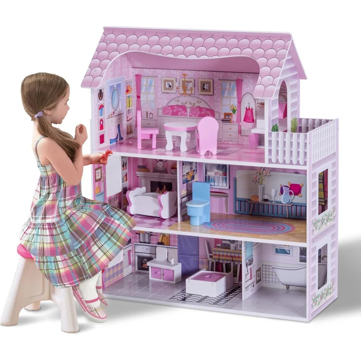 COSTWAY Puppenhaus Holz Puppenstube Puppenvilla Maedchen Spielzeug 3 Etagen mit Moebeln und Zubehoer – Bild 2