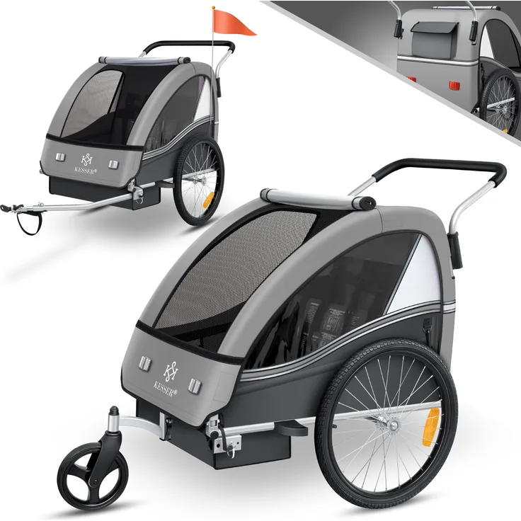 KESSER® 'Sport-RX' Kinderanhänger 2in1 in Hellgrau Joggerfunktion + 5-Punkt Sicherheitsgurt, Anhänger für 1 bis 2 Kinder, max. 40kg
