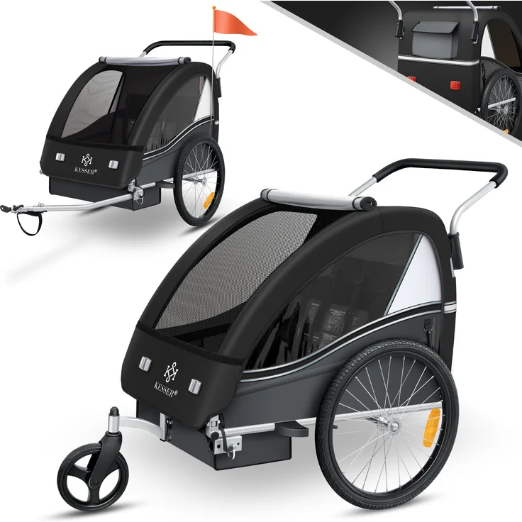 KESSER® Fahrradanhänger Sport-RX 2 in 1, mit Joggerfunktion, 5-Punkt Sicherheitsgurt, 360°-Vorderrad, für 1 bis 2 Kinder, max. 40kg, Schwarz - Preisvergleich – Bild 1