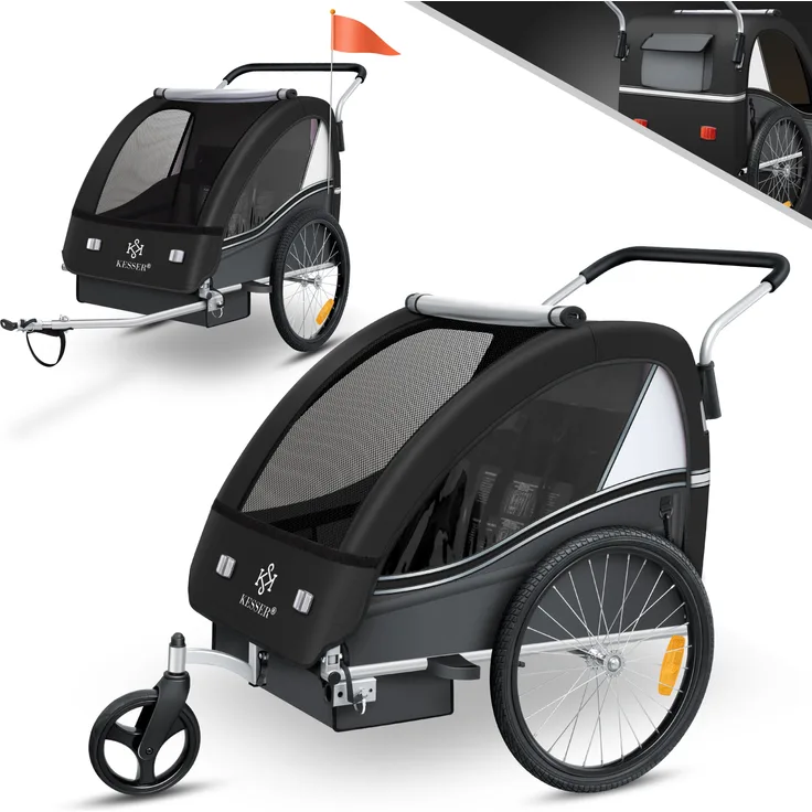 KESSER® Fahrradanhänger Sport-RX 2 in 1, mit Joggerfunktion, 5-Punkt Sicherheitsgurt, 360°-Vorderrad, für 1 bis 2 Kinder, max. 40kg, Schwarz - Preisvergleich