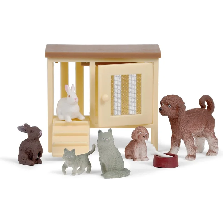 Lundby Haustiere für Puppenhaus - 9-teilig - Puppenhauszubehör - Hund - Katze - Kaninchen - Figure - Tier - Kätzchen - Welpen - Zubehör - ab 4 Jahre - Minipuppen 1:18 – Bild 1