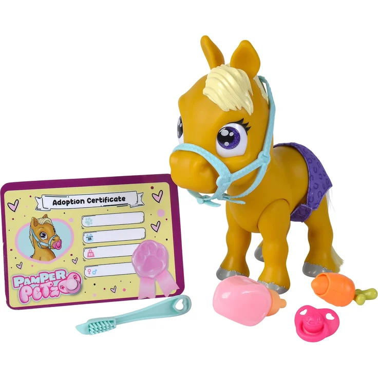 Simba 105950009 - Pamper Petz Pony, 24cm Spielzeug Pferd mit Trink- und Nässfunktion, Fohlen, kämmbarer Schweif, Color Change, Tierbaby mit Windel, 11 Überraschungen, für Mädchen und Jungen ab 3 Jahre – Bild 1