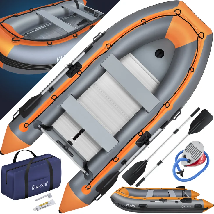 KESSER 'Schlauchboot 3,20 m', für 4 Personen, WAVE Motor geeignet, mit 2 Sitzbänken, Alu-Boden, Paddel, Pumpe, Reparaturset, Tasche, PVC, Grau / Orange – Bild 1