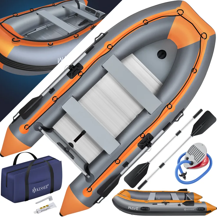 KESSER 'Schlauchboot 3,20 m', für 4 Personen, WAVE Motor geeignet, mit 2 Sitzbänken, Alu-Boden, Paddel, Pumpe, Reparaturset, Tasche, PVC, Grau / Orange