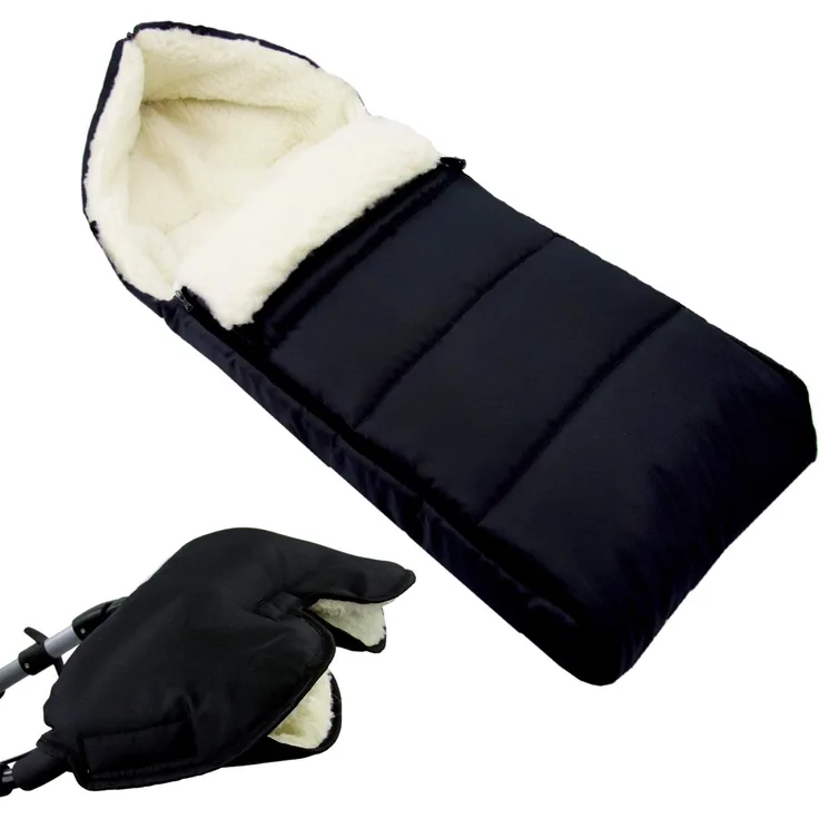 BAMBINIWELT KOMBI-ANGEBOT Muff + Winterfußsack 108cm - aus Lammwolle für Kinderwagen, Buggy, Radanhänger - WOLLE - LINIERT - SCHWARZ