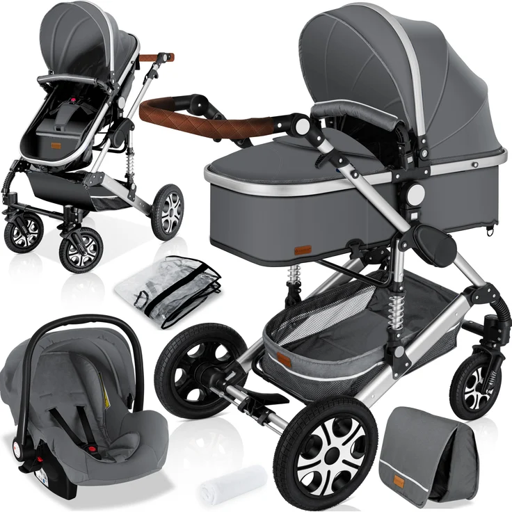 KESSER® 'Loops' Kombikinderwagen 3 in 1 Kinderwagen inkl. Babywanne, Buggy Sportsitz, Auto-Babyschale - Voll-Gummireifen - Wickeltasche/Regenschutz Grau / Silber – Bild 1
