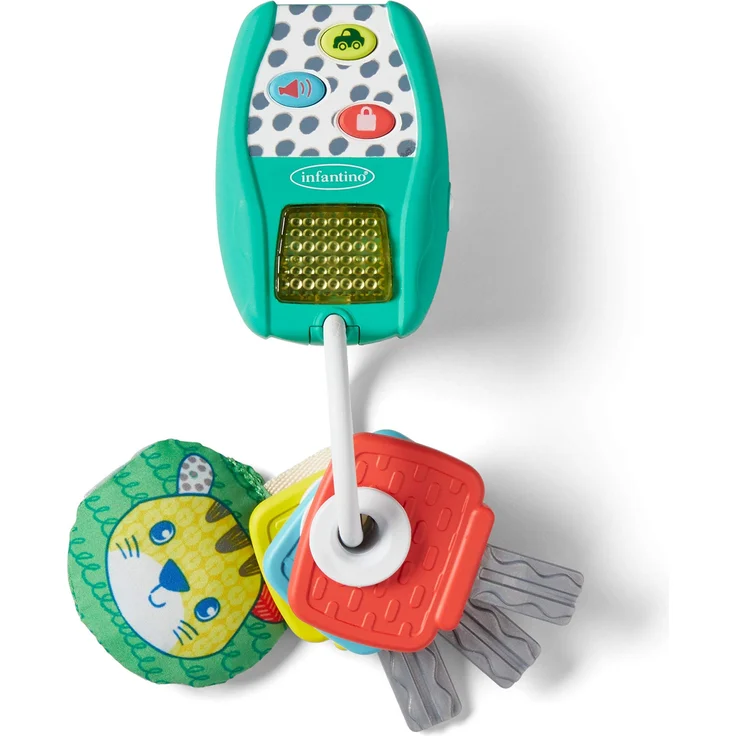 Infantino Music & Lights Key Ring - 4 Easy Press Buttons, Real Car Sounds, Crinkle Character & Rattling Keys, Ages 3 Months +