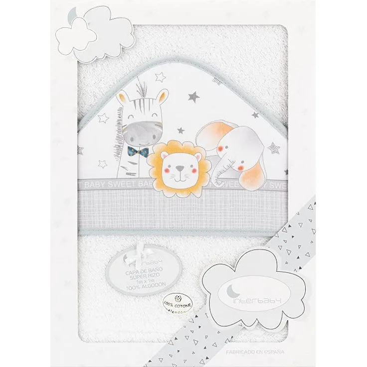 Interbaby 01229-18 Baby Kapuzenbadetuch ANIMALITOS, Weiss e grau, grau