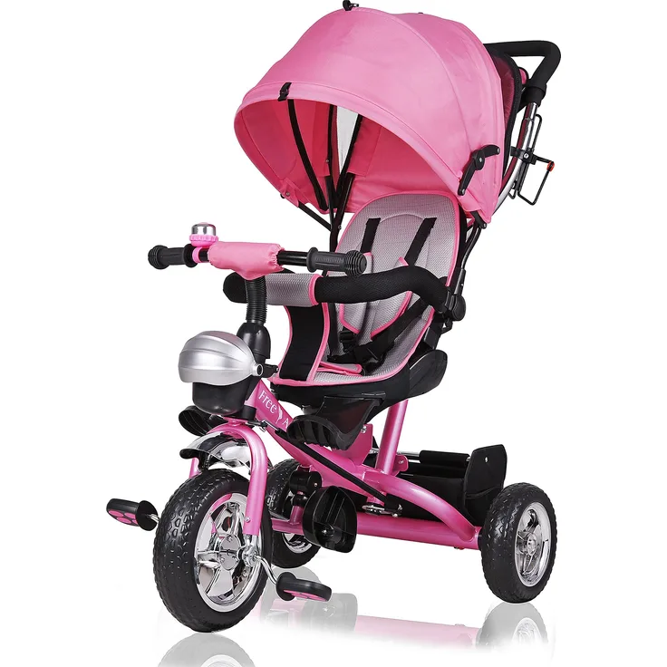Spielwerk Dreirad Sicherheitsgurt Schubstange Abnehmbar verstellbare Fußablage mit Dach Abnehmbarer Korb Kinderdreirad Fahrrad Laufrad Kinderwagen Kinder Kleinkinder Baby Rosa