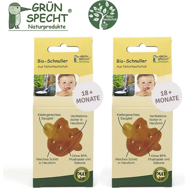 Gruenspecht Bio Schnuller aus Naturkautschuk 18 + Monate // 2er Set, weiche Schild in Herzform, Kieferorthopädische Form