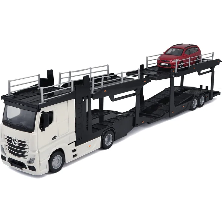 Bburago 1: 43 Maßstab B18–31456 of a Mercedes-Benz Actros multicarrier mit einem zusätzlichen Auto auf der Rückseite