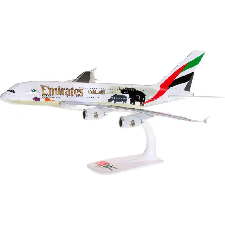 herpa 612180 – Airbus A380, Emirates „United for Wildlife“, Wings, Modell Flugzeug mit Standfuß, Flieger, Modellbau, Miniaturmodelle, Sammlerstück, Kunststoff, Snap Fit - Maßstab 1:250
