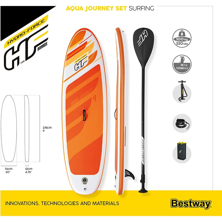 Bestway Hydro-Force™ 'Aqua Journey' SUP Allround Board-Set, 274 x 76 x 12 cm, mit Paddel, Handpumpe, Transportrucksack und Reparaturset – Bild 14