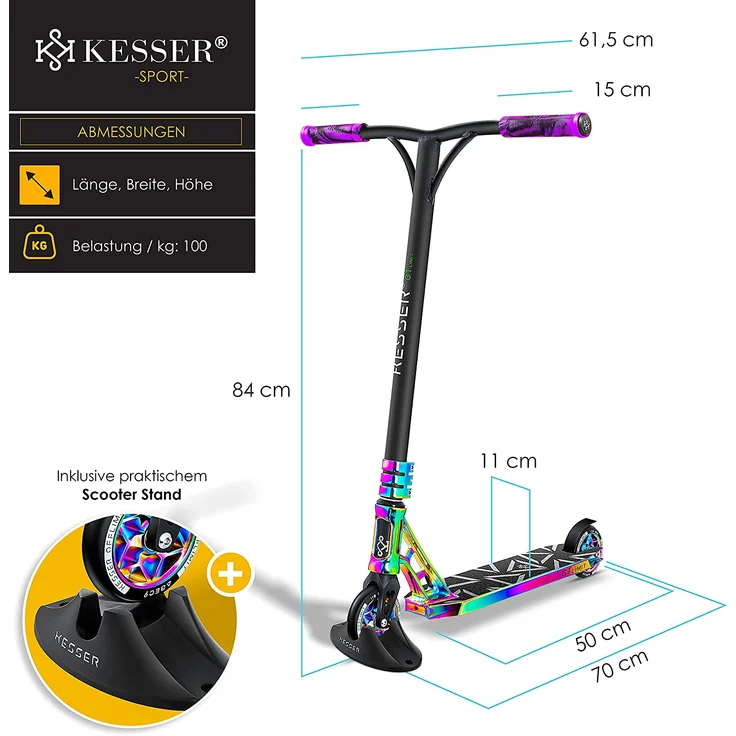 KESSER 'Stunt Scooter GT-Limit', 360° Lenkung, mit Ständer, ABEC 9 Kugellagern, 110 mm PU Räder, max. belastbar bis 100 kg, Rainbow – Bild 3