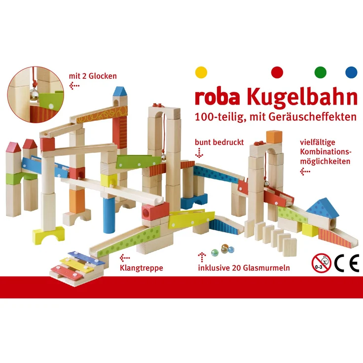 roba Kugelbahn, Holzkugelbahn groß, 100-teilig, Murmelbahn Bausatz inklusive Bausteinen mit Geräscheffekten und Glasmurmeln, Motorikspielzeug variabel aufbaubar – Bild 5
