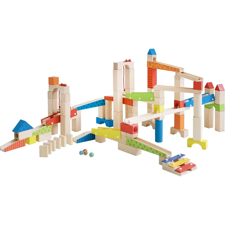 roba Kugelbahn, Holzkugelbahn groß, 100-teilig, Murmelbahn Bausatz inklusive Bausteinen mit Geräscheffekten und Glasmurmeln, Motorikspielzeug variabel aufbaubar