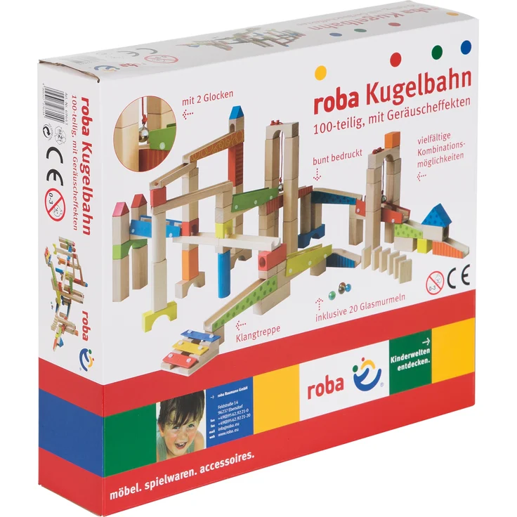 roba Kugelbahn, Holzkugelbahn groß, 100-teilig, Murmelbahn Bausatz inklusive Bausteinen mit Geräscheffekten und Glasmurmeln, Motorikspielzeug variabel aufbaubar – Bild 4