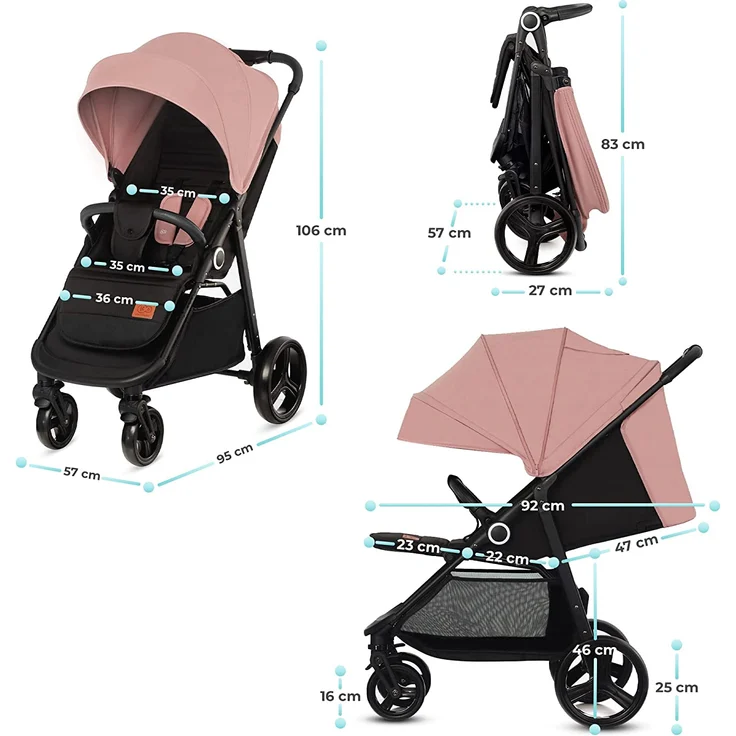 Kinderkraft GRANDE PLUS Kinderkraft Buggy von Geburt bis 22 kg, Zusammenklappen mit einer Hand, Liegeposition, großes Verdeck mit Fenster, alle 4 Räder gedämpft, geräumiger Sitz, Rosa – Bild 4
