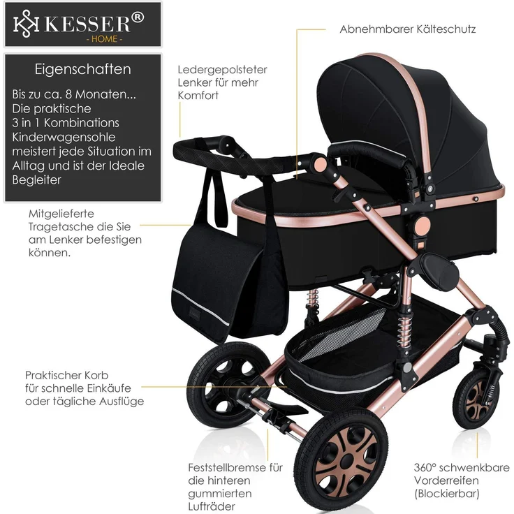KESSER® Loops 3 in 1 Kinderwagen Kombikinderwagen Komplettset incl. Babywanne & Buggy Sportsitz & Auto-Babyschale - Voll-Gummireifen - Wickeltasche/Regenschutz/Kindertisch Set Schwarz / Rosé Gold – Bild 2