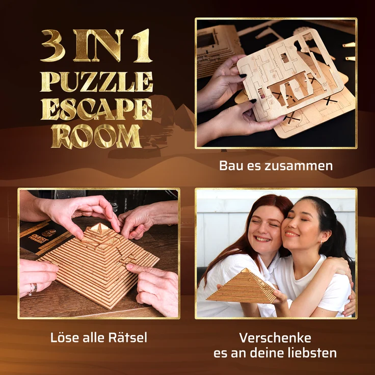 ESC WELT Quest Pyramide 3D Puzzle Game - 3 in 1 Puzzle Box Modellbau Escape Room- Holzpuzzle & Holzrätsel für Valentinstag - Geschenkbox Knobelspiel - Rätselbox für Kinder und Erwachsene 3D Holzpuzzle – Bild 3