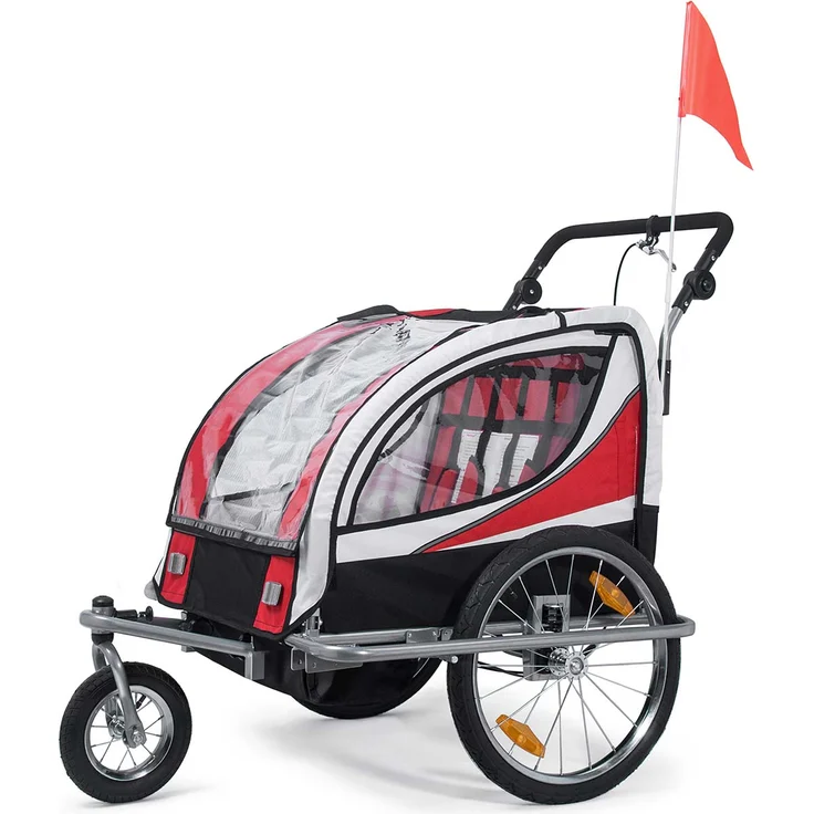 SAMAX Fahrradanhänger Jogger 2in1 360° drehbar Kinderanhänger Kinderfahrradanhänger Transportwagen vollgefederte Hinterachse für 2 Kinder in Rot - Silver Frame – Bild 1