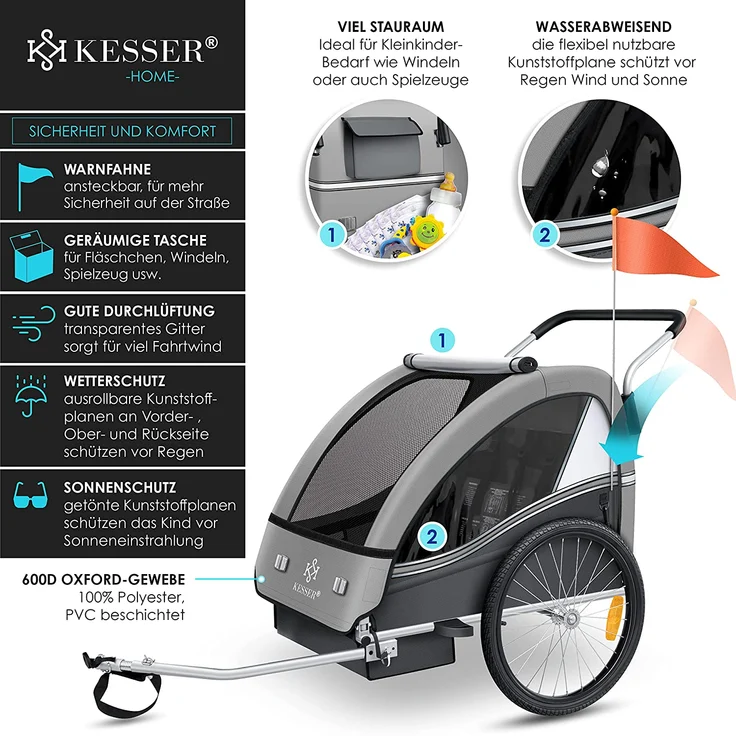 KESSER® 'Sport-RX' Kinderanhänger 2in1 in Hellgrau Joggerfunktion + 5-Punkt Sicherheitsgurt, Anhänger für 1 bis 2 Kinder, max. 40kg – Bild 2