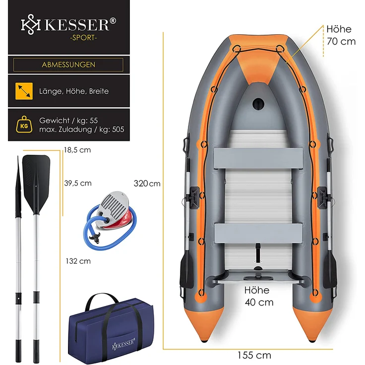 KESSER 'Schlauchboot 3,20 m', für 4 Personen, WAVE Motor geeignet, mit 2 Sitzbänken, Alu-Boden, Paddel, Pumpe, Reparaturset, Tasche, PVC, Grau / Orange – Bild 5