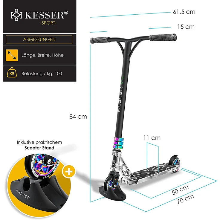 KESSER 'Stunt Scooter GT-Limit', 360° Lenkung, mit Ständer, ABEC 9 Kugellagern, 110 mm PU Räder, max. belastbar bis 100 kg, Silber – Bild 3