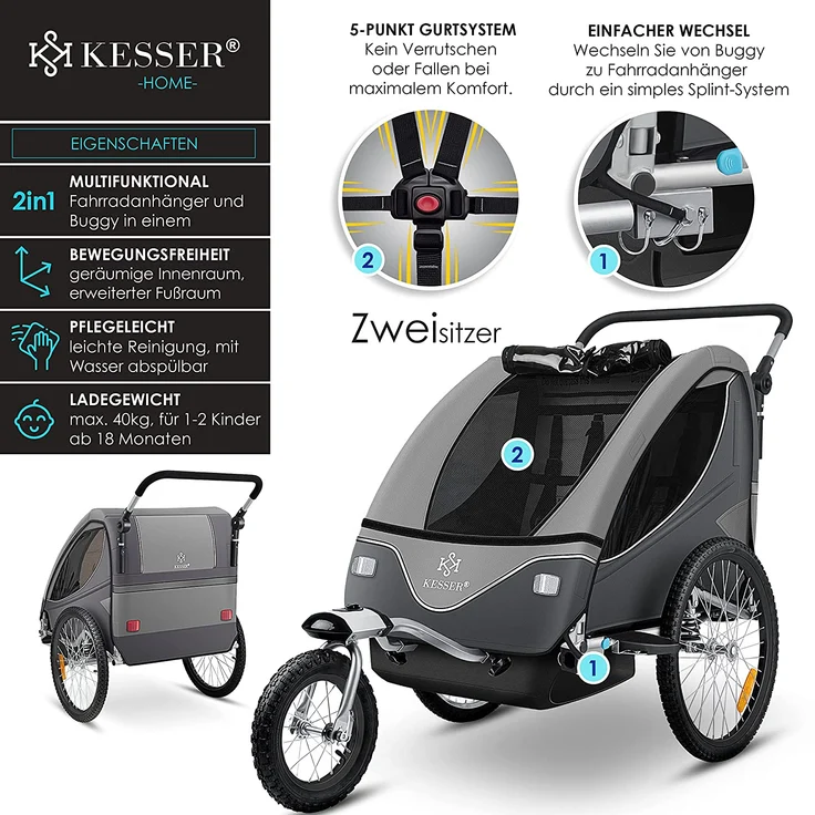 KESSER 'Cruiser' Fahrradanhänger 360° Drehbar mit Federung 2in1 Joggerfunktion Kinderfahrradanhänger + 5-Punkt Gurt Jogger Fahrrad Anhänger für 1 bis 2 Kinder max. 40kg Hellgrau – Bild 2