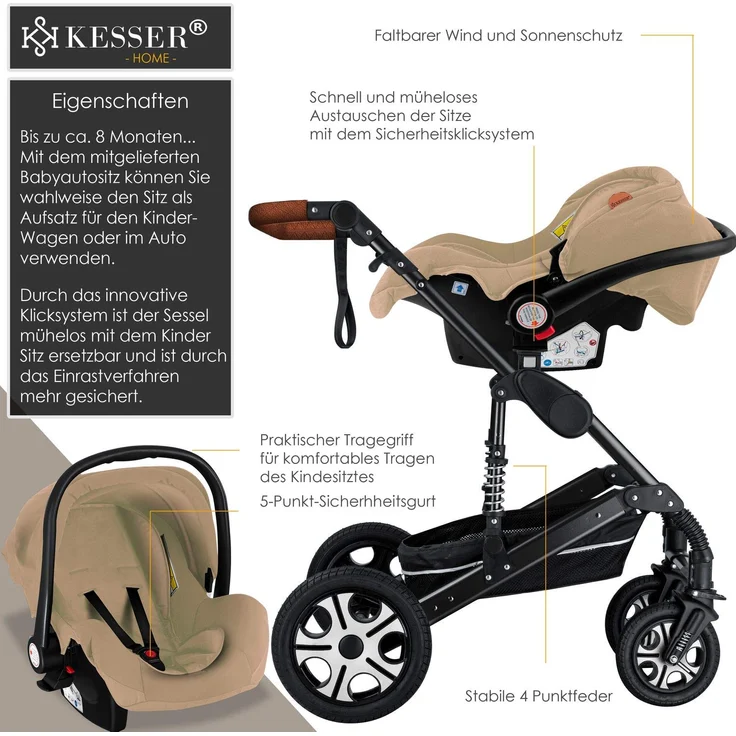 KESSER® 'Loops' Kombikinderwagen 3 in 1 Kinderwagen inkl. Babywanne, Buggy Sportsitz, Auto-Babyschale - Voll-Gummireifen - Wickeltasche/Regenschutz Beige/ Schwarz – Bild 3