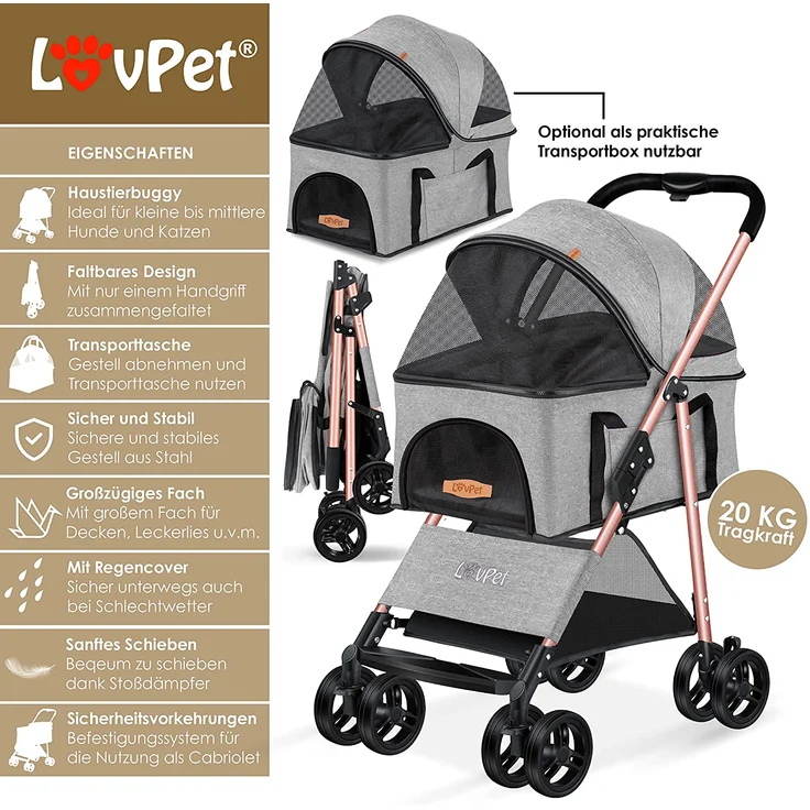 LOVPET® Hundewagen 2in1 Hundebuggy Hundebox Transporttasche, faltbar, klappbar, max. belastbar bis 20 kg, mit Netzfenstern, Regenschutzabdeckung, Hellgrau - Preisvergleich – Bild 2