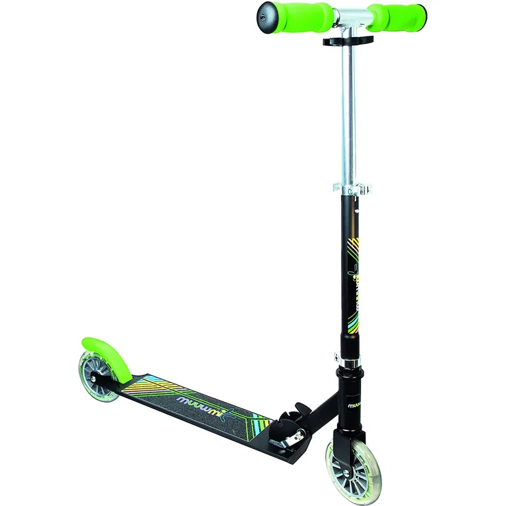 Muuwmi 102 'Aluminium Scooter NEON 125 mm' Scooter, ab 6 Jahren, 2-fach höhenverstellbar bis 83 cm, klappbar, mit Leuchtrollen, max. belastbar bis 100 kg, schwarz/grün – Bild 1
