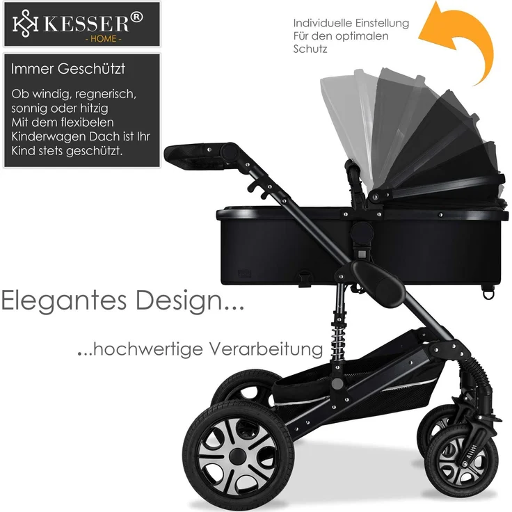 KESSER® 'Loops' Kombikinderwagen 3 in 1 Kinderwagen inkl. Babywanne, Buggy Sportsitz, Auto-Babyschale - Voll-Gummireifen - Wickeltasche/Regenschutz Schwarz / Schwarz – Bild 5