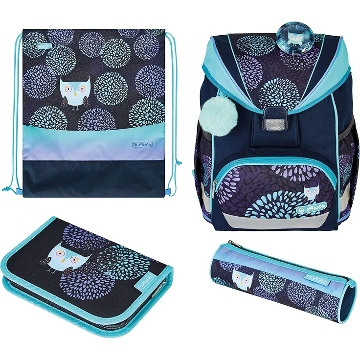 Herlitz UltraLight Plus Flower Owl Schulranzen, blau/lila, inkl. 16 tlg. Schüleretui, Faulenzermäppchen, Sportbeutel – Bild 1