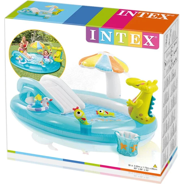 Intex 'Playcenter Gator', Krokodil-Planschbecken, 203 x 173 x 89 cm, ab 3 Jahren, inkl. Rutsche, Krokodil als Wassersprüher, aufblasbaren Pilz, Wassereimer 2 Fische und Entchen – Bild 5
