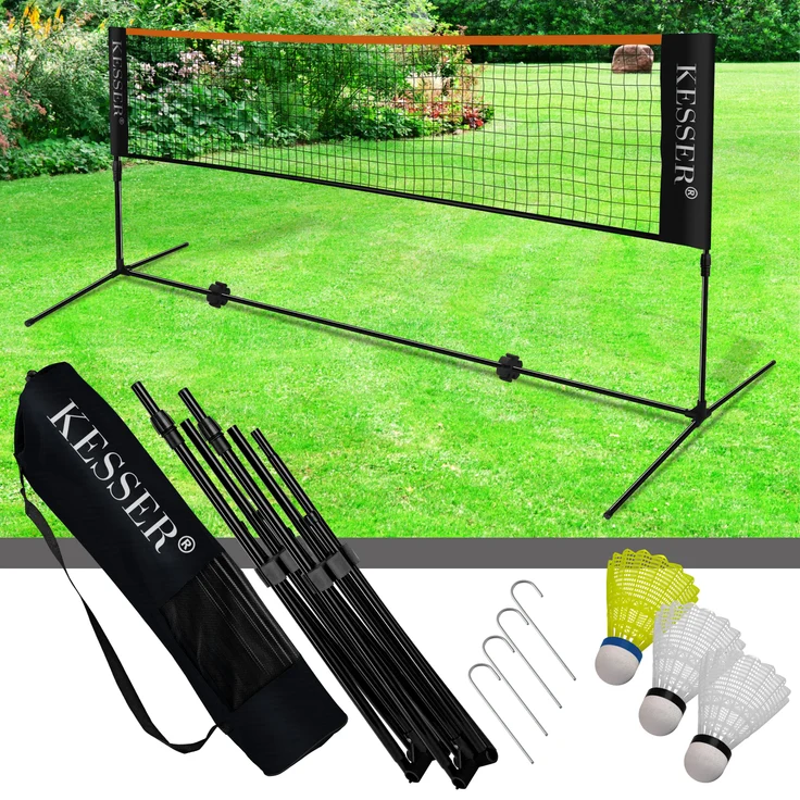 KESSER Badmintonnetz, 3-Fach-Höhenverstellbar, Set bestehend aus Netz, 3x Federball, stabilem Eisen-Gestell, Transporttasche, Indoor & Outdoor, Schwarz, 300cm – Bild 5