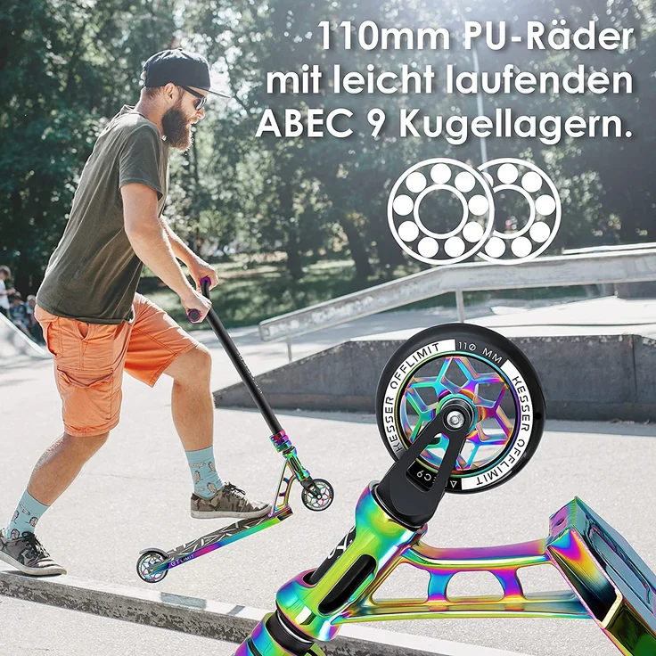 KESSER 'Stunt Scooter GT-Limit', 360° Lenkung, mit Ständer, ABEC 9 Kugellagern, 110 mm PU Räder, max. belastbar bis 100 kg, Rainbow – Bild 5