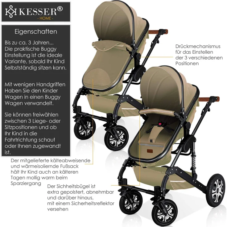 KESSER® 'Loops' Kombikinderwagen 3 in 1 Kinderwagen inkl. Babywanne, Buggy Sportsitz, Auto-Babyschale - Voll-Gummireifen - Wickeltasche/Regenschutz Beige/ Schwarz – Bild 4