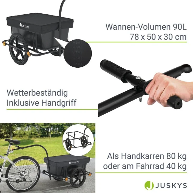 Juskys Fahrradanhänger für Fahrrad 40 kg Zuladung Schwarz, 90 l, Luftbereifung – Bild 4