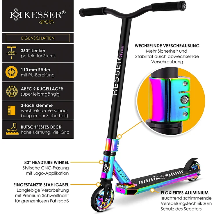 KESSER 'Stunt Scooter X-Limit-Pro', 360° Lenkung, mit Ständer, ABEC 9 Kugellagern, 110 mm PU Räder, Rainbow – Bild 8