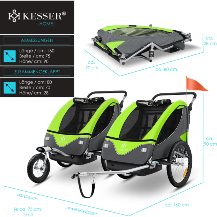 KESSER® 'Cruiser' Fahrradanhänger, 360° Drehbar mit Federung 2in1 Joggerfunktion Kinderfahrradanhänger, 5-Punkt Gurt Jogger Fahrrad Anhänger für 1 bis 2 Kinder max. 40 kg Hellgrün – Bild 4