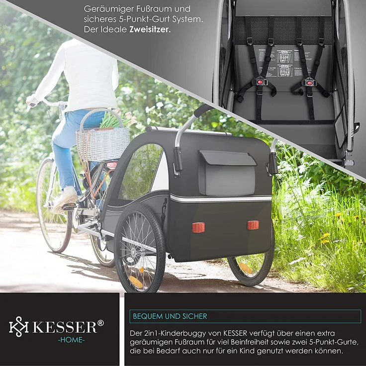 KESSER® Fahrradanhänger Sport-RX 2 in 1, mit Joggerfunktion, 5-Punkt Sicherheitsgurt, 360°-Vorderrad, für 1 bis 2 Kinder, max. 40kg, Schwarz - Preisvergleich – Bild 4