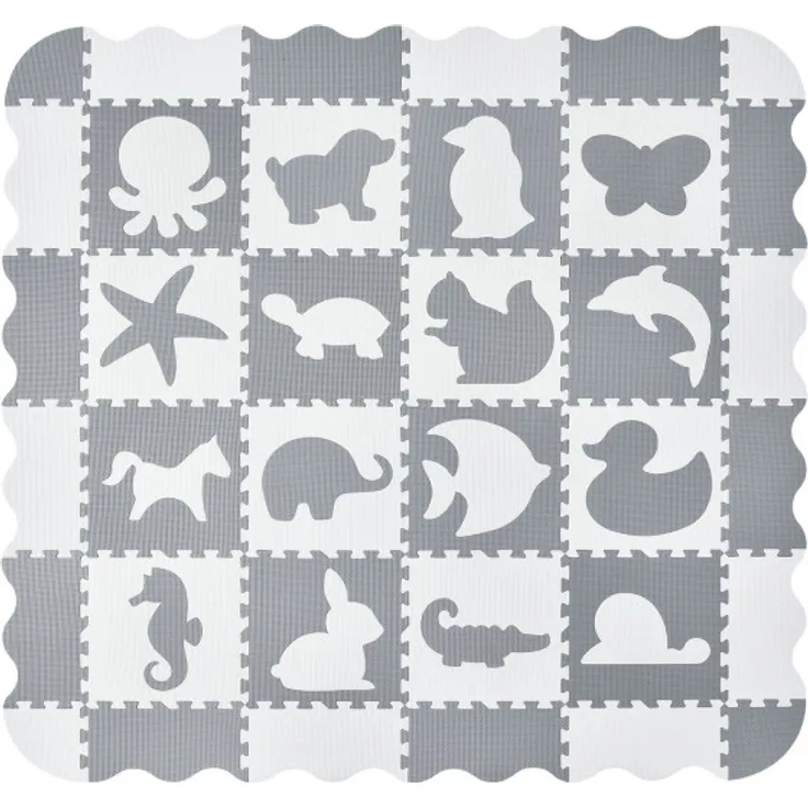 Juskys 'Timon' Puzzlematte, 36 Teile mit 16 Tieren in grau weiß, rutschfest & abwischbar