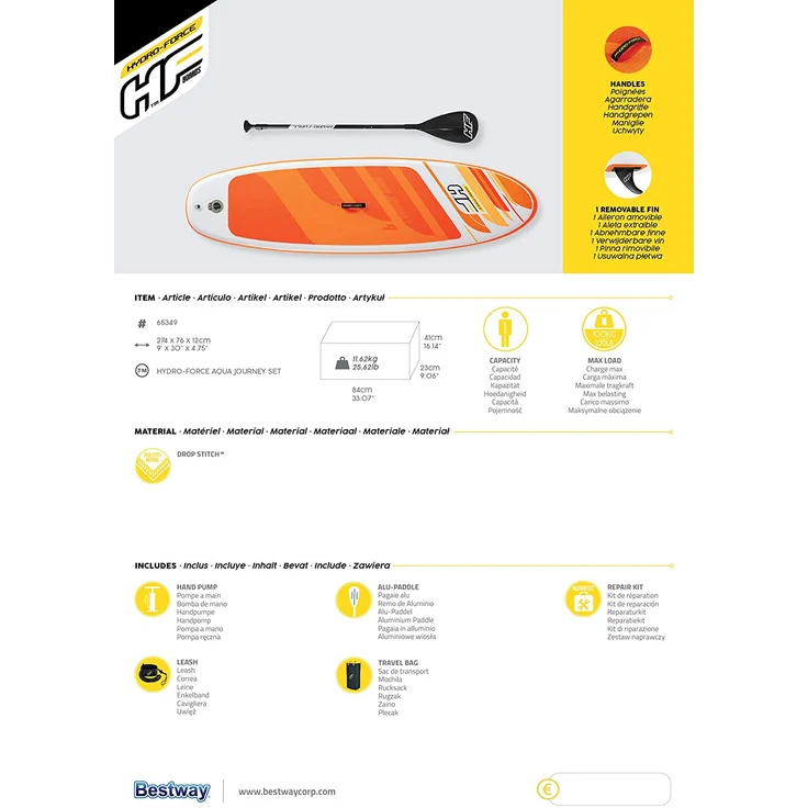 Bestway Hydro-Force™ 'Aqua Journey' SUP Allround Board-Set, 274 x 76 x 12 cm, mit Paddel, Handpumpe, Transportrucksack und Reparaturset – Bild 13